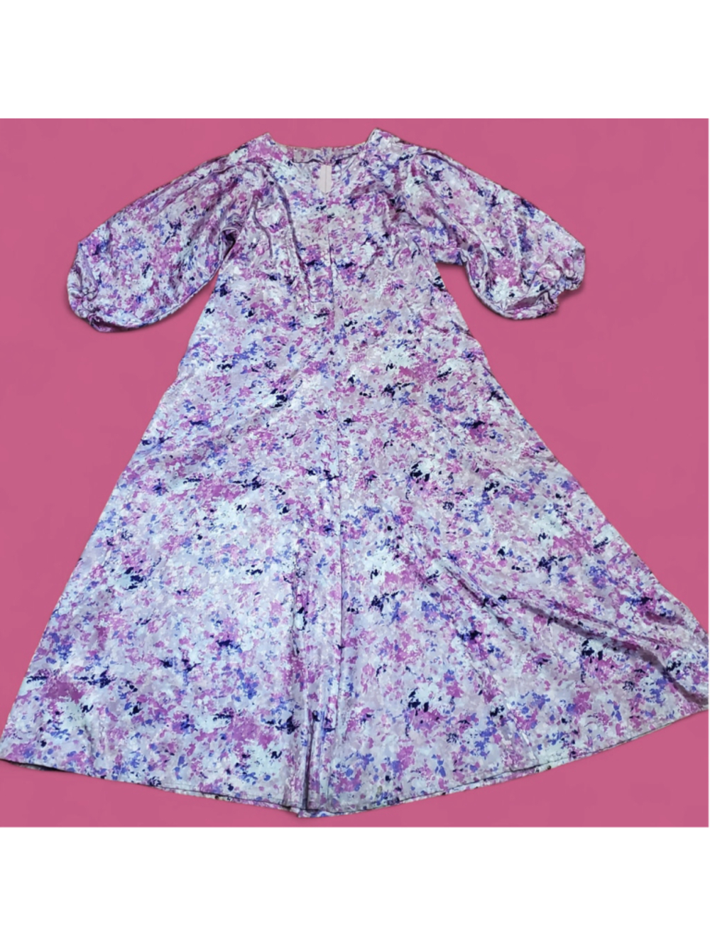Vintage 1970s Pink Purple Abstract Print Balloon Sleeve Maxi Dress